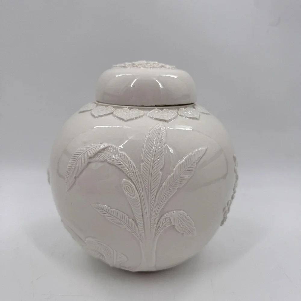 White Relief Porcelain Ginger Jar Rooster Floral Botanical Blanc de Chine